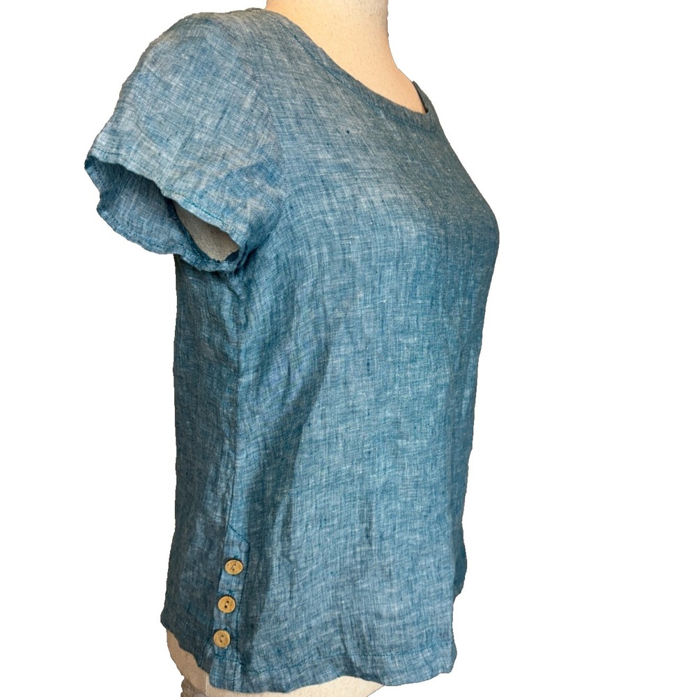 Cynthia Rowley 100% Linen Short Sleeve Popover Top Womens S Buttons Coastal Blue